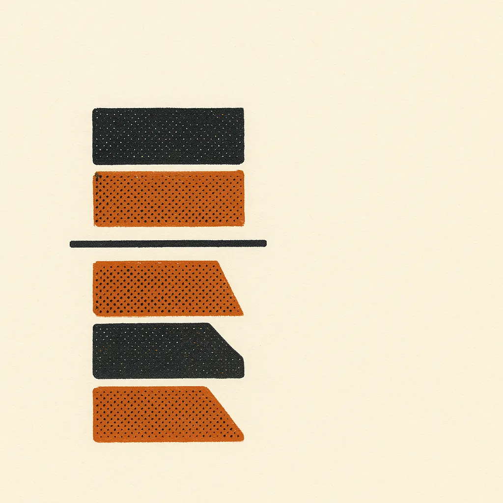 Five stacked halftone bars in two inks, aligned on a common left edge; one heavy rule cuts across the stack, and each bar below the rule has its lower right corner sliced off at an angle.